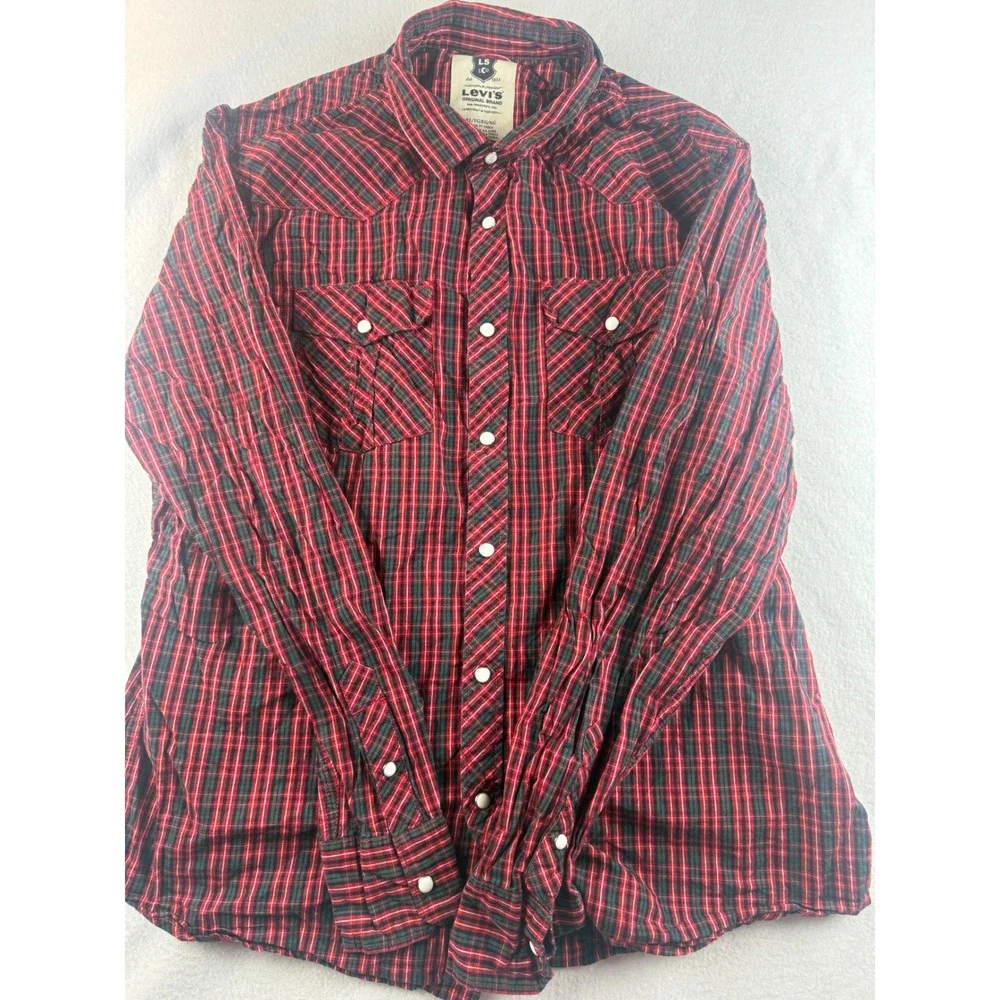 Levi's‎ Western Shirt Plaid Button Up Long Sleeve Red Black XL